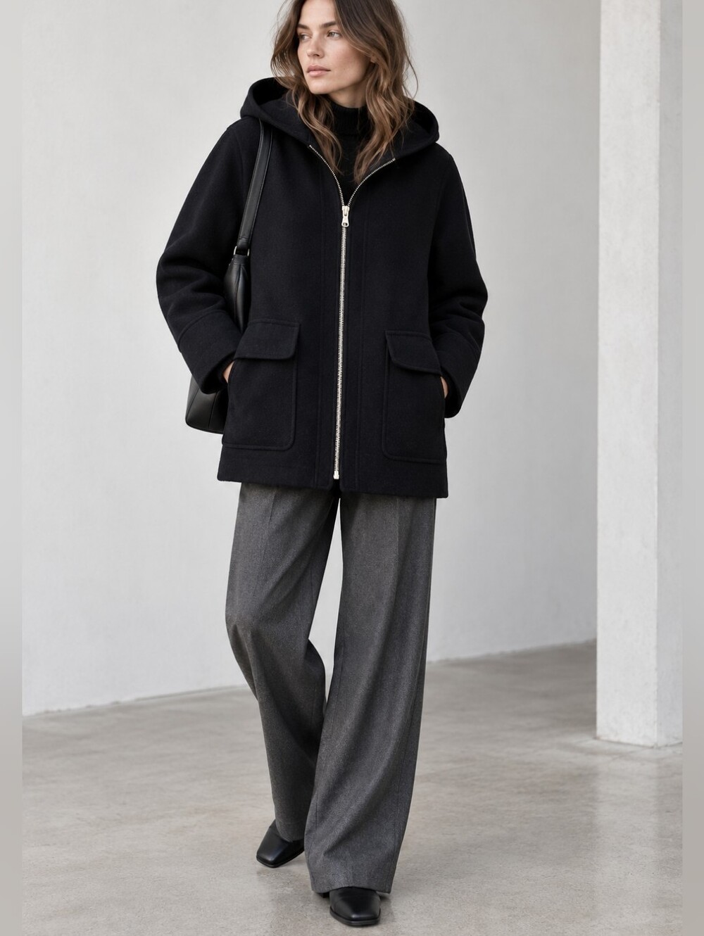 NWT J.CREW Black Nello Gori Stadium Cloth Wool Hooded Swing Coat Jacket M